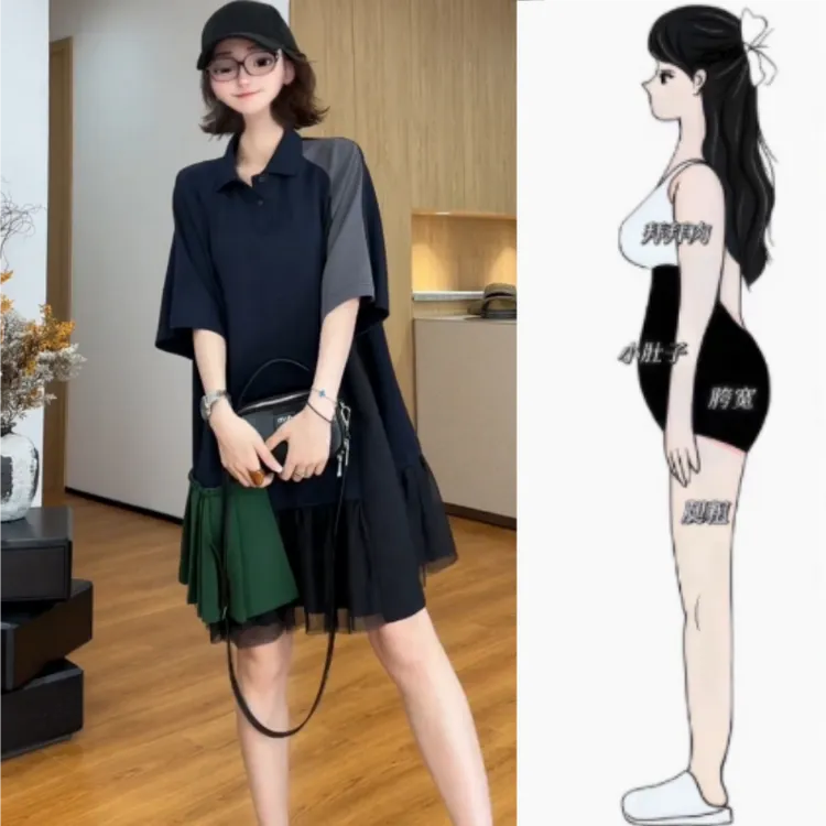 女装梨型身材夏新款休闲polo领拼色不规则连衣裙洋气显瘦短袖中裙