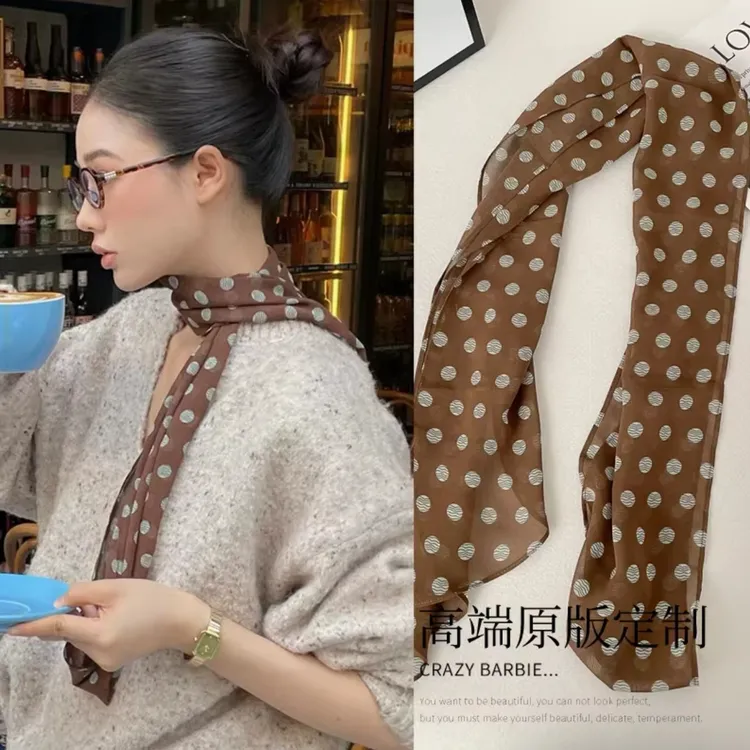 棕色波点丝巾印花高级百搭丝带脖饰女2025年新款发带绑发长条围巾