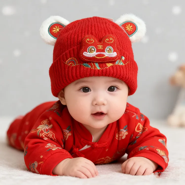 婴儿帽子秋冬款红色针织老虎毛线帽男女宝宝喜庆护耳小月龄新年帽
