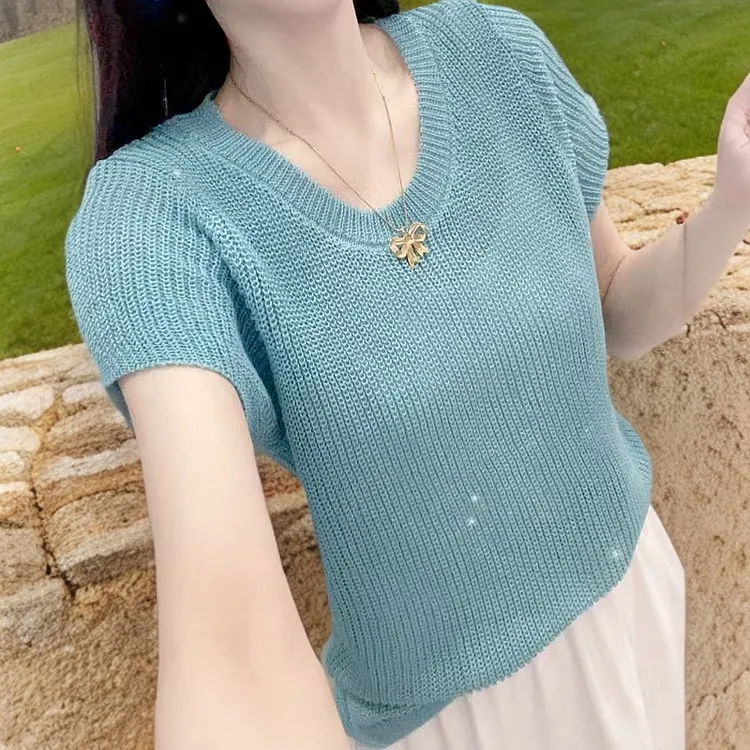 177修身毛针织衫常规款女装毛衣洋气薄款百搭上衣舒适夏季短袖