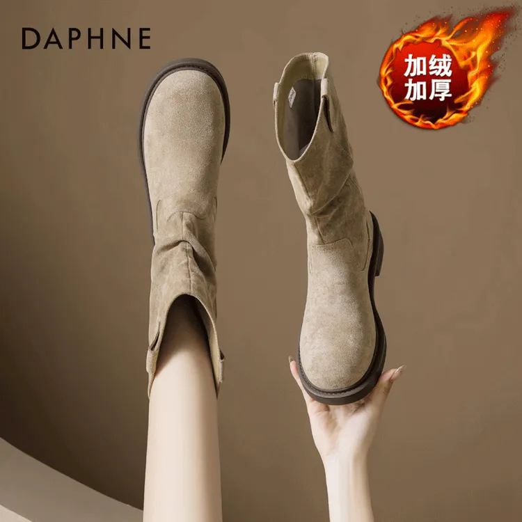 达芙妮复古堆堆靴子女2025年秋季新款西部美拉德风低跟短筒马丁靴