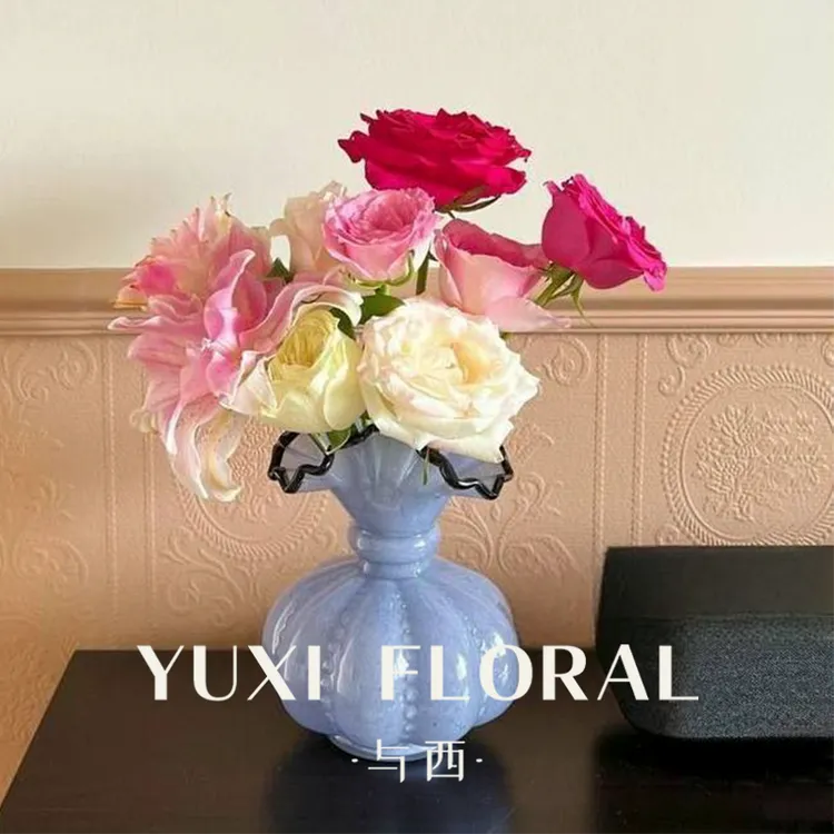 YUXI/与西手工玻璃紫色花瓶法式复古风插花器南瓜瓶轻奢家居摆件