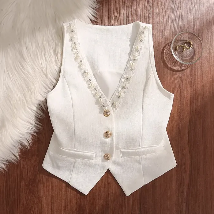 钉珠设计感收腰挂脖露背马甲背心女外穿夏季法式修身短款上衣绝美