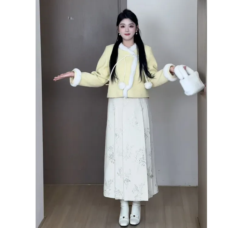 【杏花绒绣】冬微胖大码胖MM新中式国风外套刺绣半身裙套装DM35041