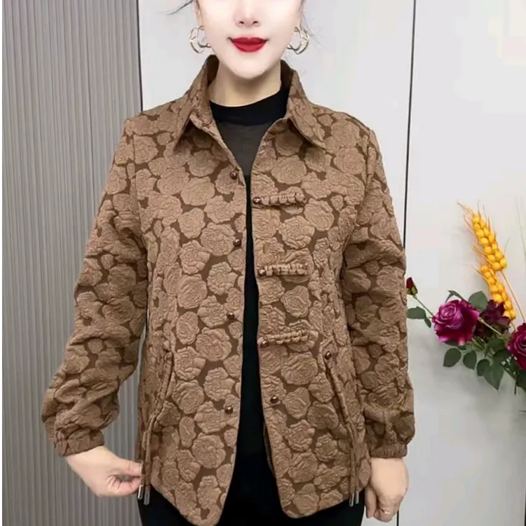 秋季新中式polo领提花衬衣中年妈妈纯色长袖开衫大码显瘦遮肚子装