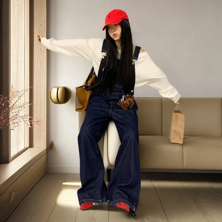 美式复古牛仔背带裤女春秋2025新款韩版设计感宽松显瘦直筒阔腿裤