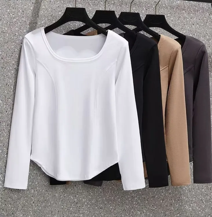 大码女装胖mm方领正肩长袖T恤内搭打底衫遮肚显瘦秋装上衣#8302