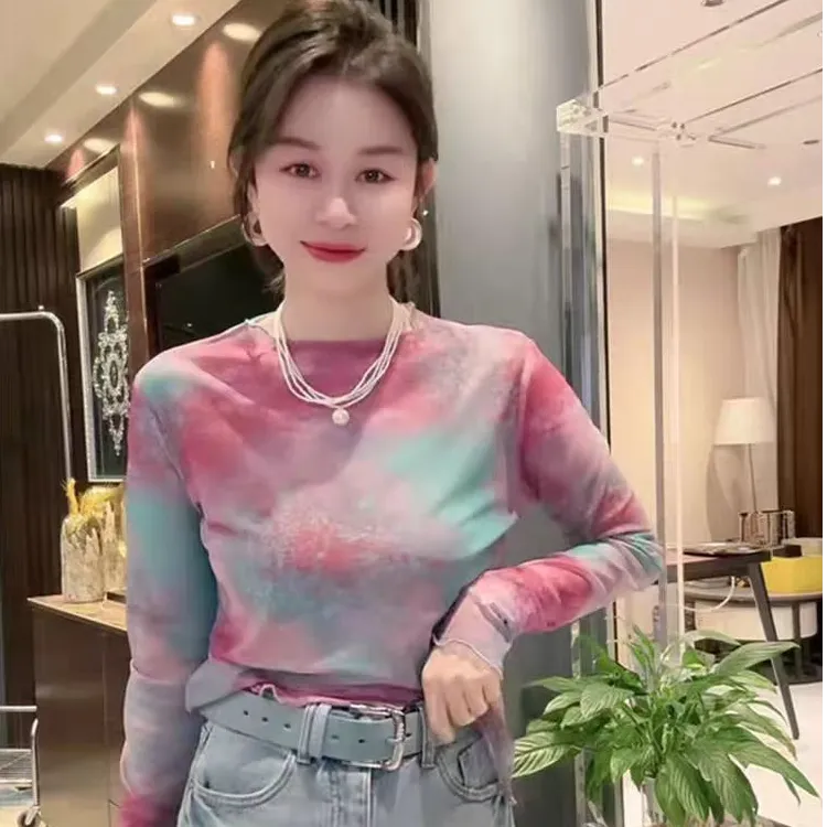 防晒长袖印花纱网扎染修身型T恤潮流百搭打底衫时尚-DACZ99830