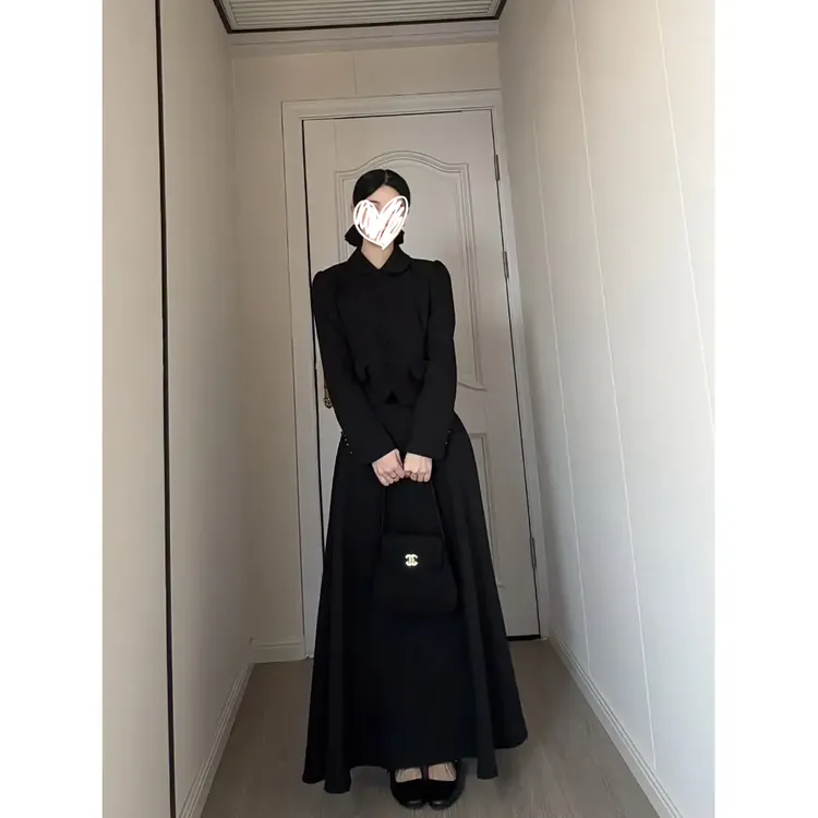古早韩女 温柔复古感粉色包扣小外套A字高腰显瘦伞裙两件套女装潮