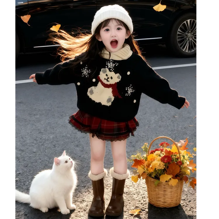 2025冬季新款女童拜年服套装圣诞雪花小熊毛衣+加绒红格蛋糕半裙