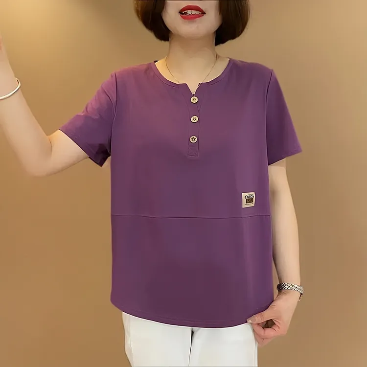 《专柜品质》夏季新款洋汽百搭气质减龄女士休闲纯色宽松圆领上衣W