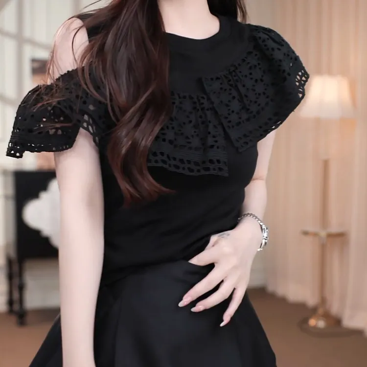 【玛格丽特】夏季新款气质漏肩花边镂空拼接百搭显瘦短袖T恤上衣女