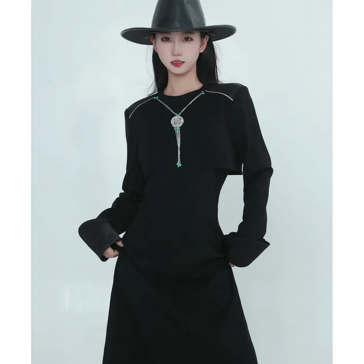 【蒙高俪晶】蒙古元素黑色设计师长裙气质设计感