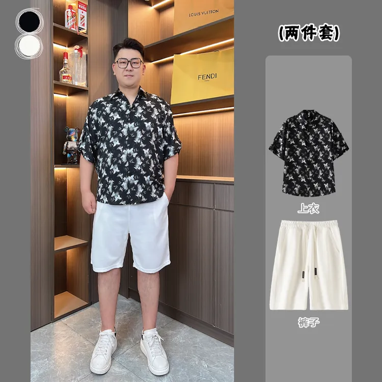 夏季新款冰丝垂感蝴蝶印花短袖衬衫男时尚大码宽松潮流冰感五分裤