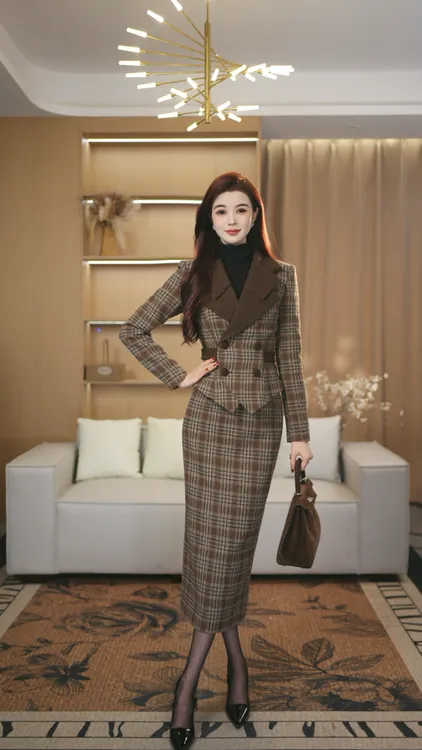 罗曼定制 高定原创冬季咖色格纹长袖厚款西装领上衣+包臀裙套装女