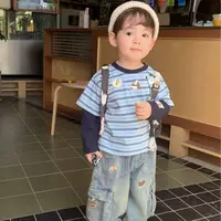 男女童秋季字母假两件长袖T恤2025年儿童春秋上衣宝宝打底衫休闲