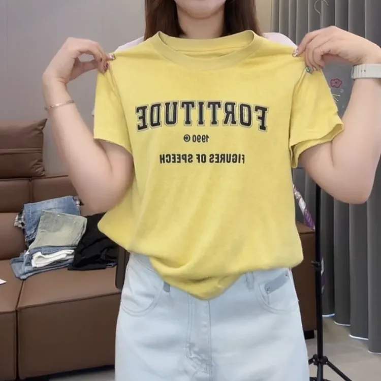 2025夏季新款简约绣针字母休闲百搭圆领短袖T恤女LK2503553