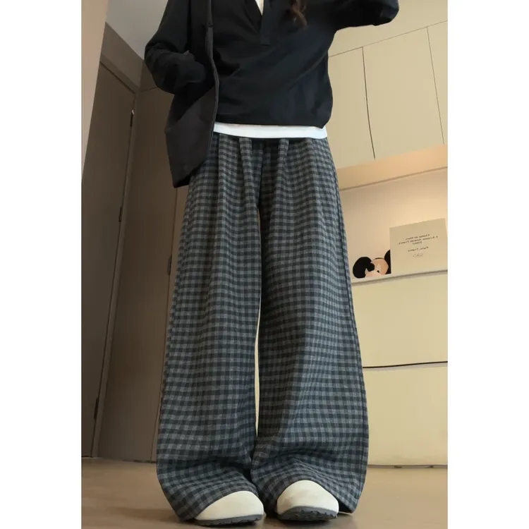 【现货清货价】韩系垂感慵懒格子裤女2025新款宽松休闲长裤直筒显瘦