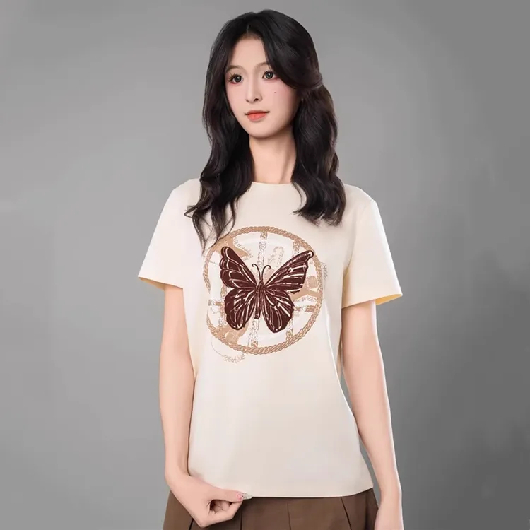 友阿商场玛施嫚2025夏季纯棉圆领上衣休闲蝴蝶印花短袖T恤 530082
