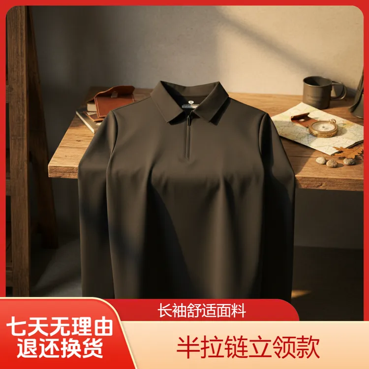 男士黑色Polo打底立领衫上衣秋季长袖商务休闲翻领时尚内搭圆弧领