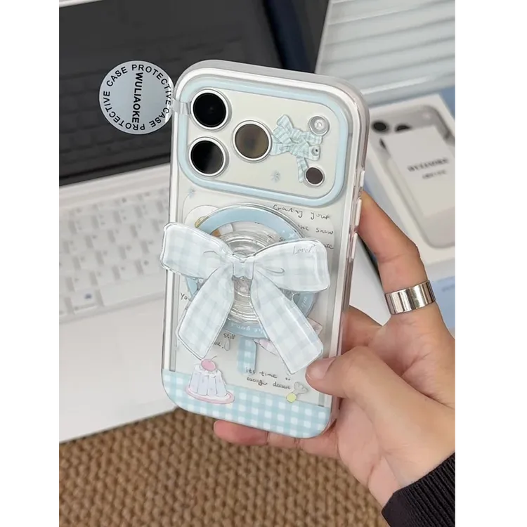 磁吸2合1双层蓝色蝴蝶结一体ai按键适用苹果iPhone17promax手机壳