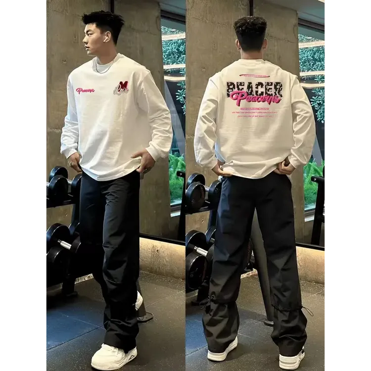 【重磅纯棉】秋冬新款潮流字母印花宽松圆领大码时尚百搭男长袖T恤
