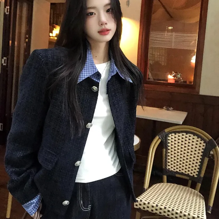 2025秋季新品短外套时尚春秋秋季韩版上衣薄款黑色女短款单排扣