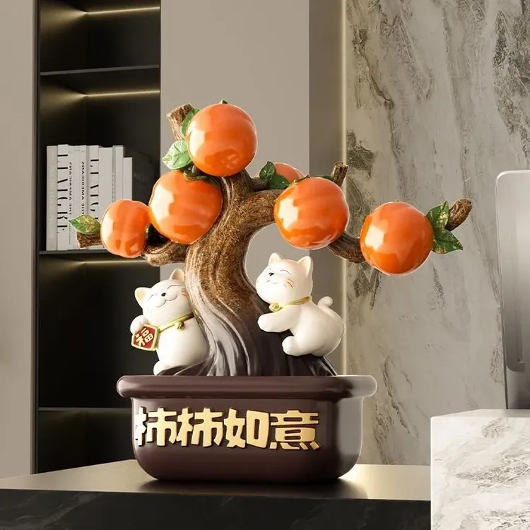 柿柿如意招财猫摆件客厅酒柜玄关办公室桌面装饰搬家乔迁新居礼品