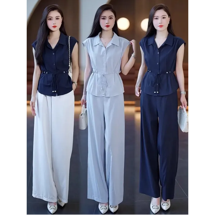 时尚套装女2025夏季新款洋气收腰无袖衬衫高腰阔腿裤气质两件套潮