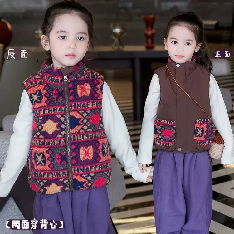 双面穿加绒马甲冬季新款休闲森系小众女童外穿保暖百搭羊羔绒马甲