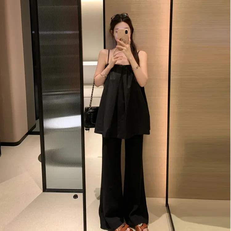 2025夏季新款韩版气质吊带背心上衣女高腰显瘦阔腿微喇裤时尚套装