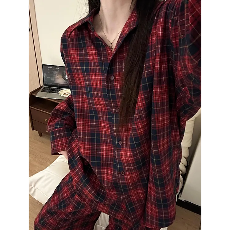 【复古红色】格纹长袖睡衣女春秋2025新款长裤家居服大码两件套