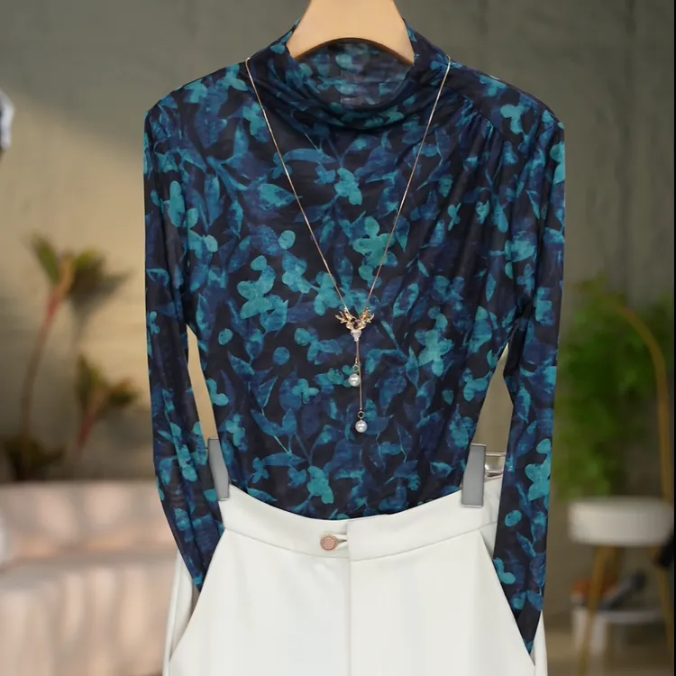 1234#2025新款高贵洋气半高领网纱印花长袖打底衫T恤【加绒】