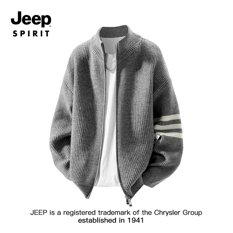 JEEPSPIRIT吉普立领拉链毛衣男秋季宽松慵懒风条纹针织衫开衫外套