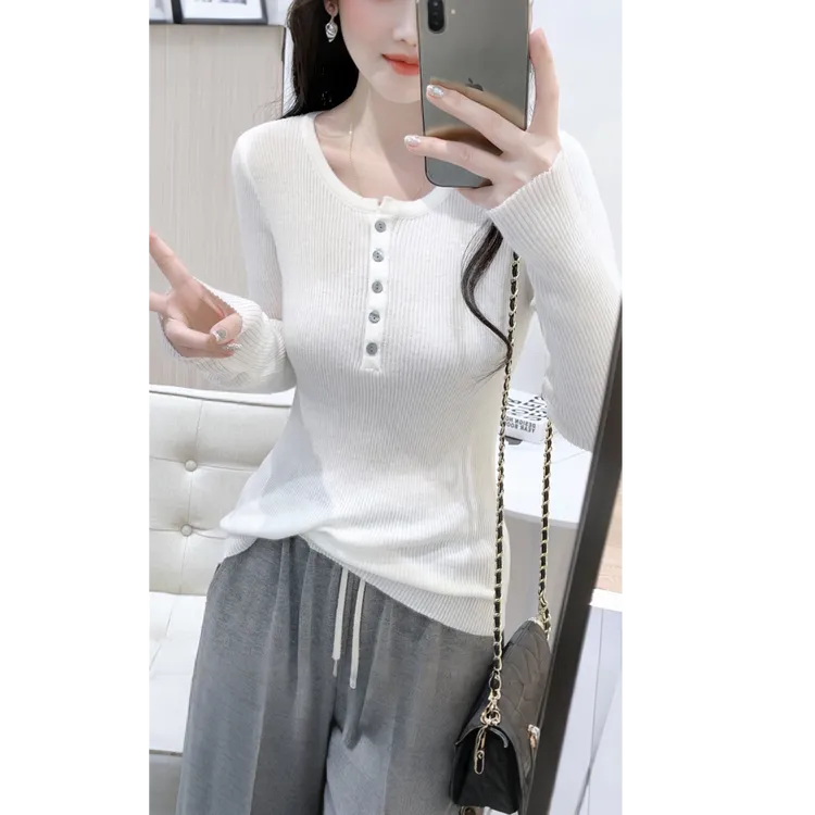 半开领白色针织衫女欧货秋冬新款修身弹力显瘦内搭打底衫长袖上衣