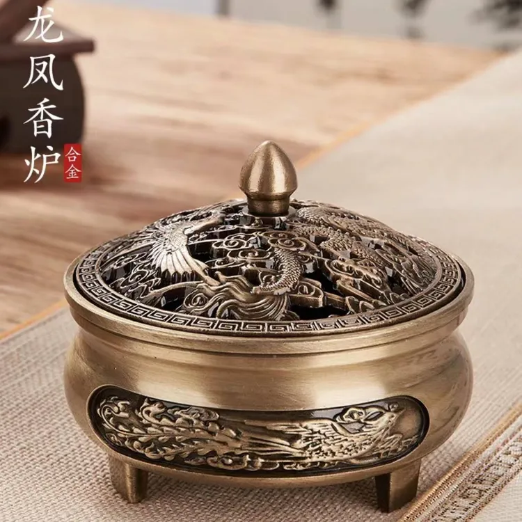 龙凤呈祥三足盘香炉香篆炉合金铜香炉家用香薰炉室内安神助眠熏香