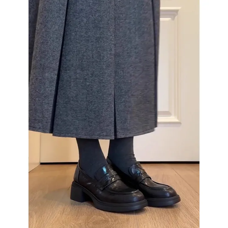 羊皮版~英伦风厚底乐福鞋女新款百搭通勤圆头复古粗跟小皮鞋单鞋