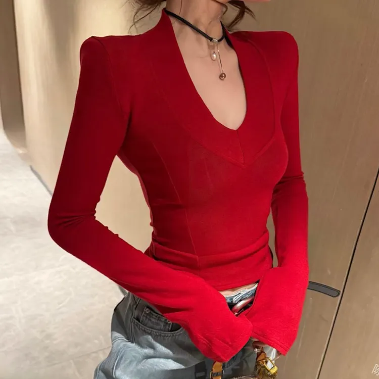 流光风辣妹气质V领长袖T恤女2025早秋新款纯欲修身显瘦打底衫