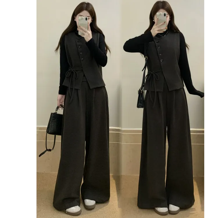大码秋冬韩版时尚套装女显瘦打底T恤+毛呢马甲配阔腿长裤三件套