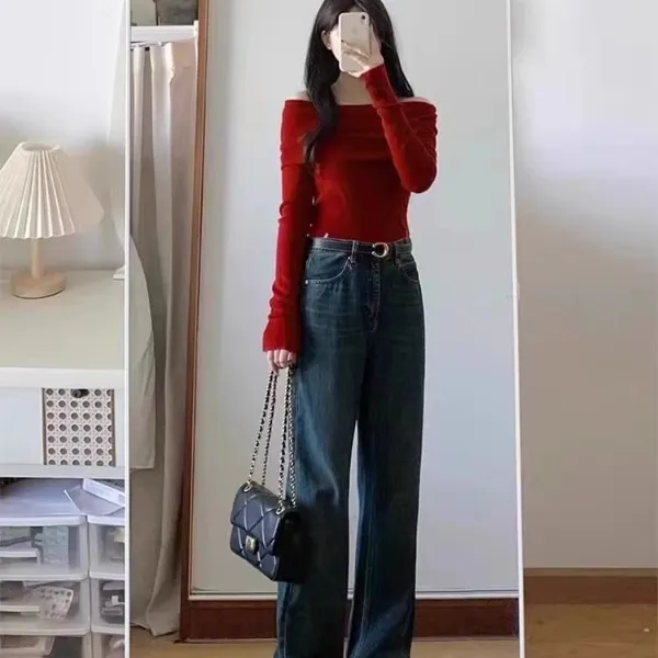 辣妹露肩女早秋设计感百搭修身显瘦街头打底衫一字肩长袖甜辣上衣