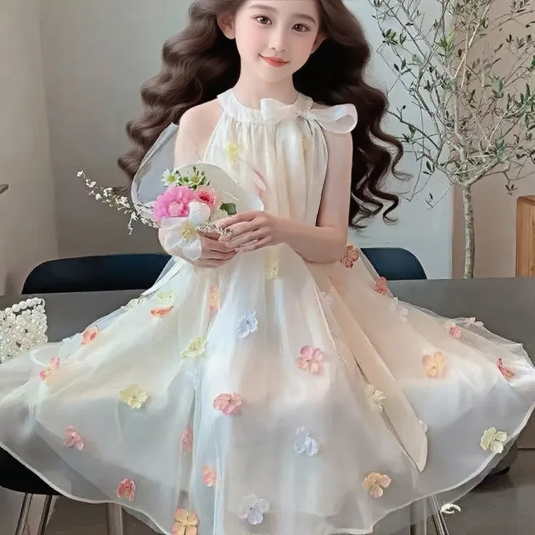 花朵蓬蓬裙2025新款短袖少女风夏季连衣裙中大童洋气夏装宝宝