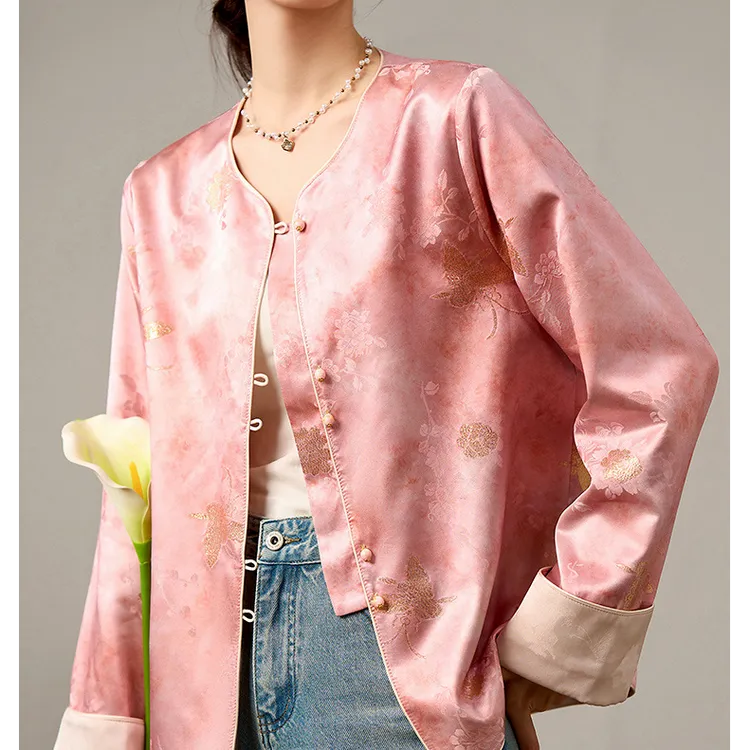 深圳高定桑蚕丝织金蝴蝶新中式复古双面穿外套短款上衣女高端国风