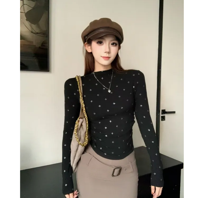 【重工烫银】不易掉十字架 加绒磨毛半高领长袖秋冬修身显瘦上衣