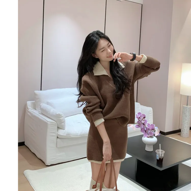 秋季长袖慵懒风冬季毛针织衫上衣短裙针织宽松气质拼接时尚两件套
