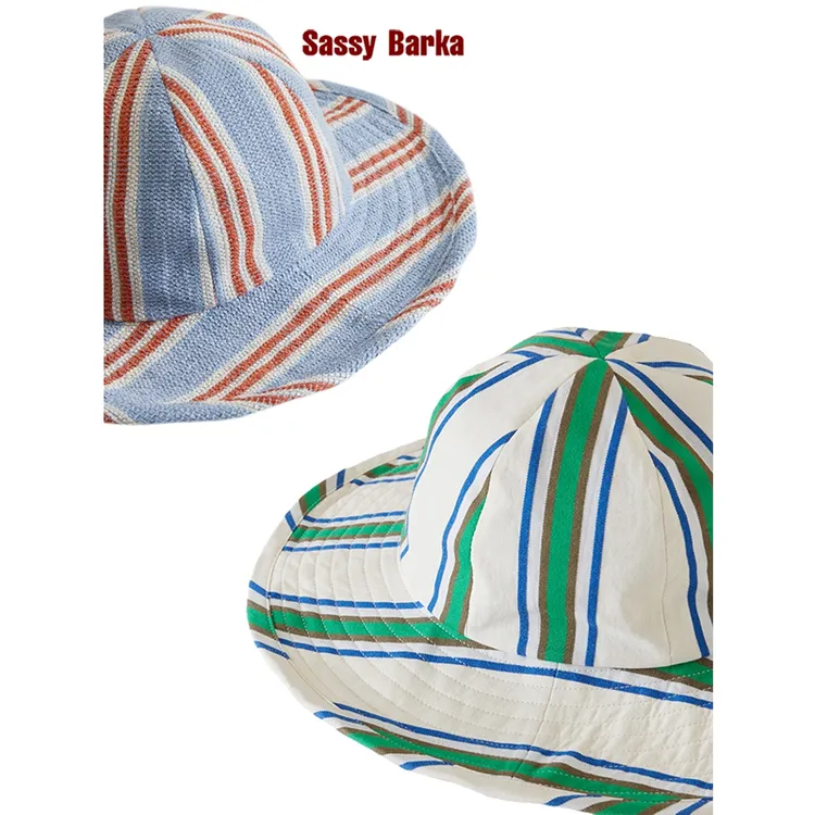 SassyBarka限量撞色条纹防晒遮阳棉麻宽檐系带木耳边造型圆顶渔夫
