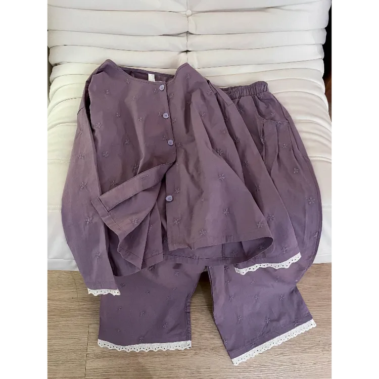 紫色复古碎花大码睡衣女春秋款可外穿蕾丝花边长袖长裤家居服套装