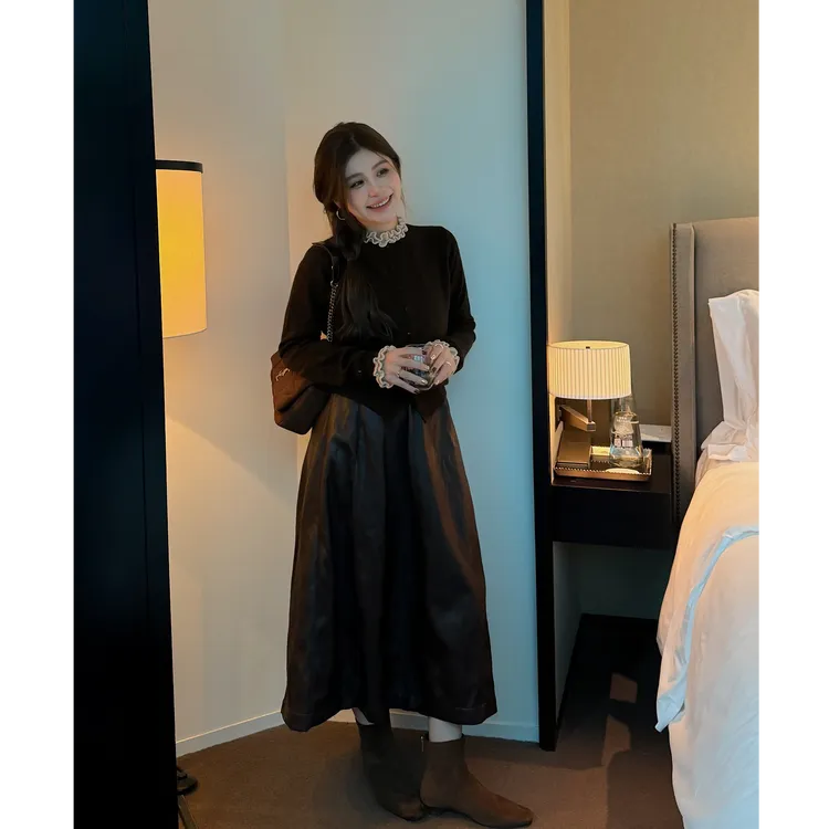 YPP！【海街日集】 新款复古气质松紧腰显瘦A字半身裙皮裙