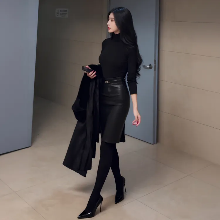 纯欲风法式黑色气质时尚皮裙套装秋冬加绒打底性感修身显瘦包臀裙