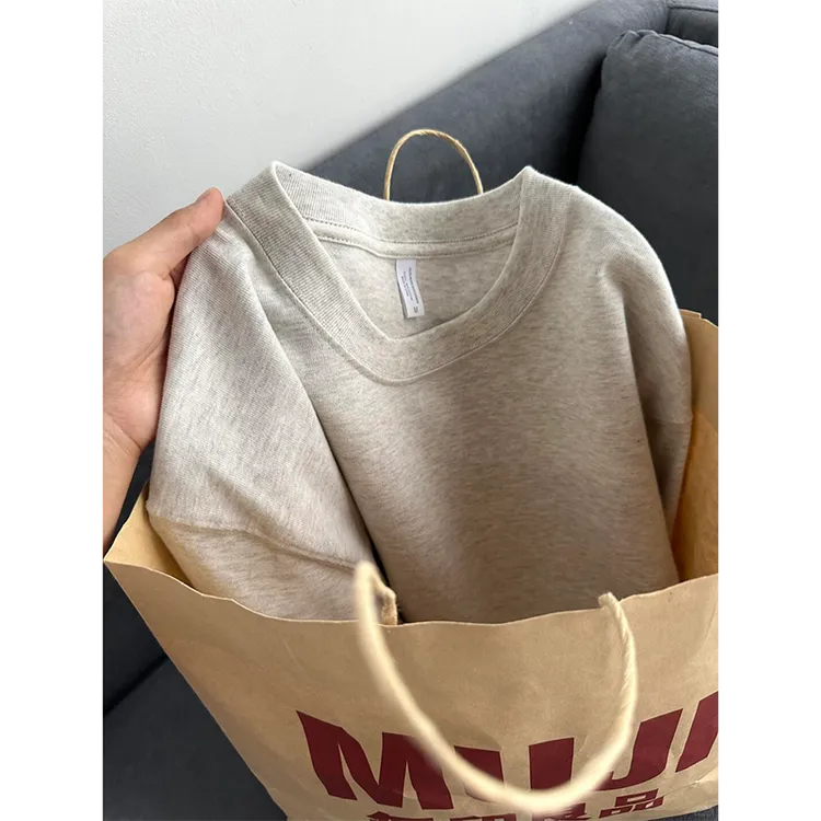 白灰色重磅长绒纯棉T恤男女潮牌夏季宽松小领口短袖情侣装6分半袖