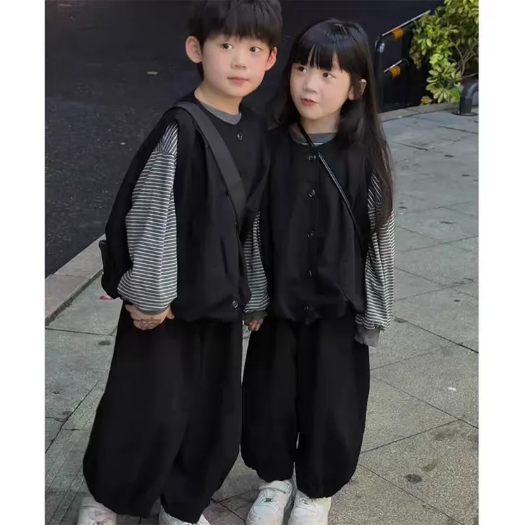 儿童秋季套装2025新款男女宝洋气时尚兄妹马甲坎肩条纹T恤束脚裤